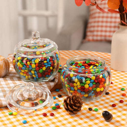 2 PCS Glass Pumpkin Jars with Lid-Halloween Candy Storage for Home Fall Thanksgiving Halloween Party Centerpieces Decor
