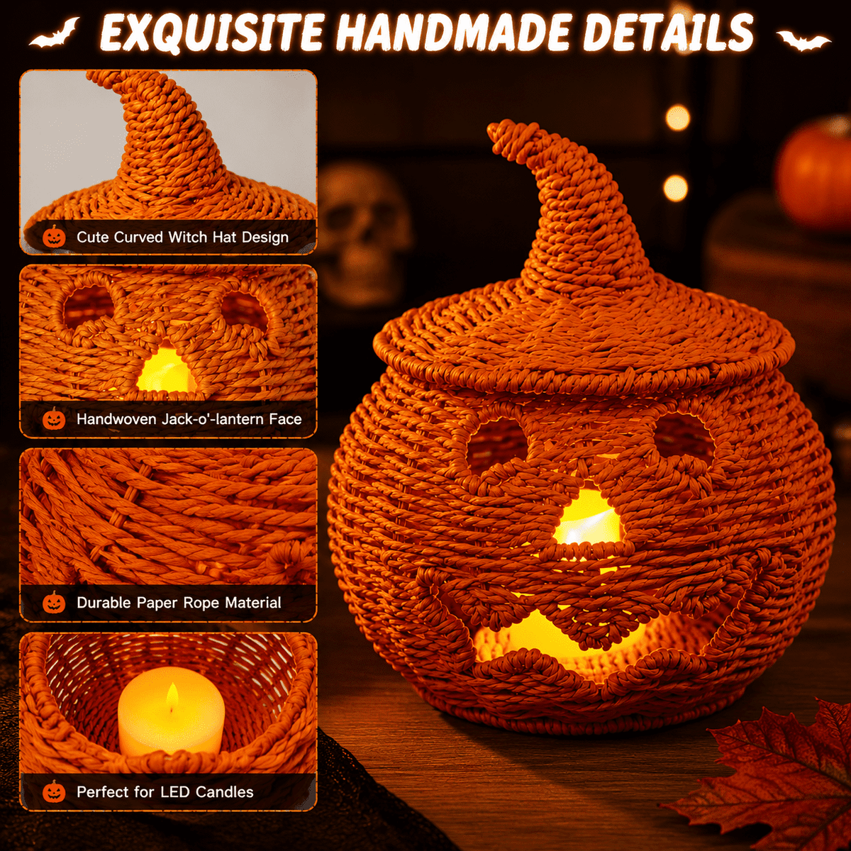 Handwoven Rattan Ghost Lantern with Witch Hat - 13.78 Inch White Wicker Ghost Decor, Light Up Halloween Decorations for Indoor Outdoor, Porch, Patio, Spooky Home Decor, Fall Harvest