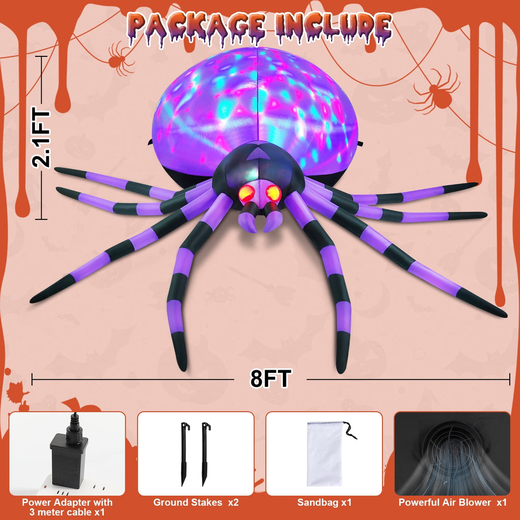 Yexmas 8FT Halloween Inflatables Outdoor Decorations Giant Spider Decorations with LED Lights and Air Pump Blow up Inflatable, Purple