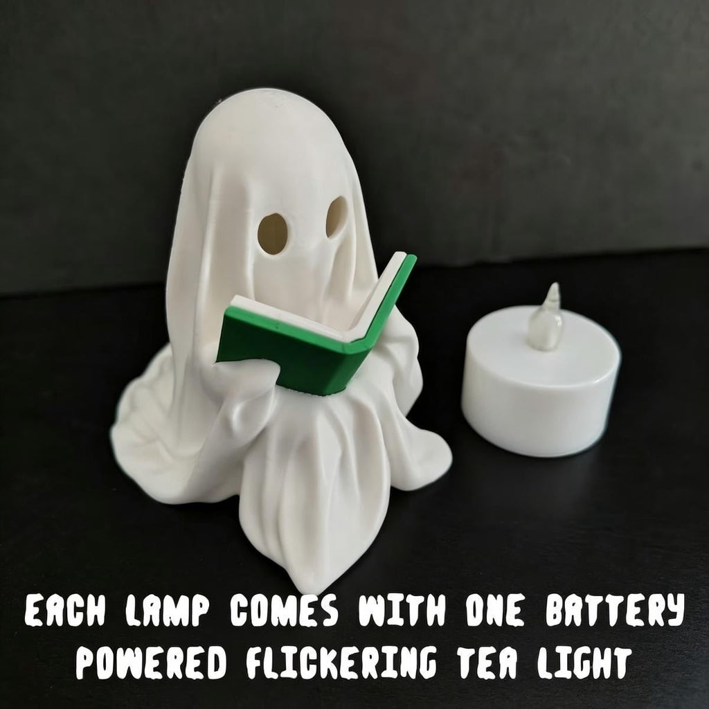 Halloween Ghost Figurine, Resin Lighted Ghost Ornament with Pumpkin Lantern & Beverage Cup, Tabletop Halloween Indoor Decor