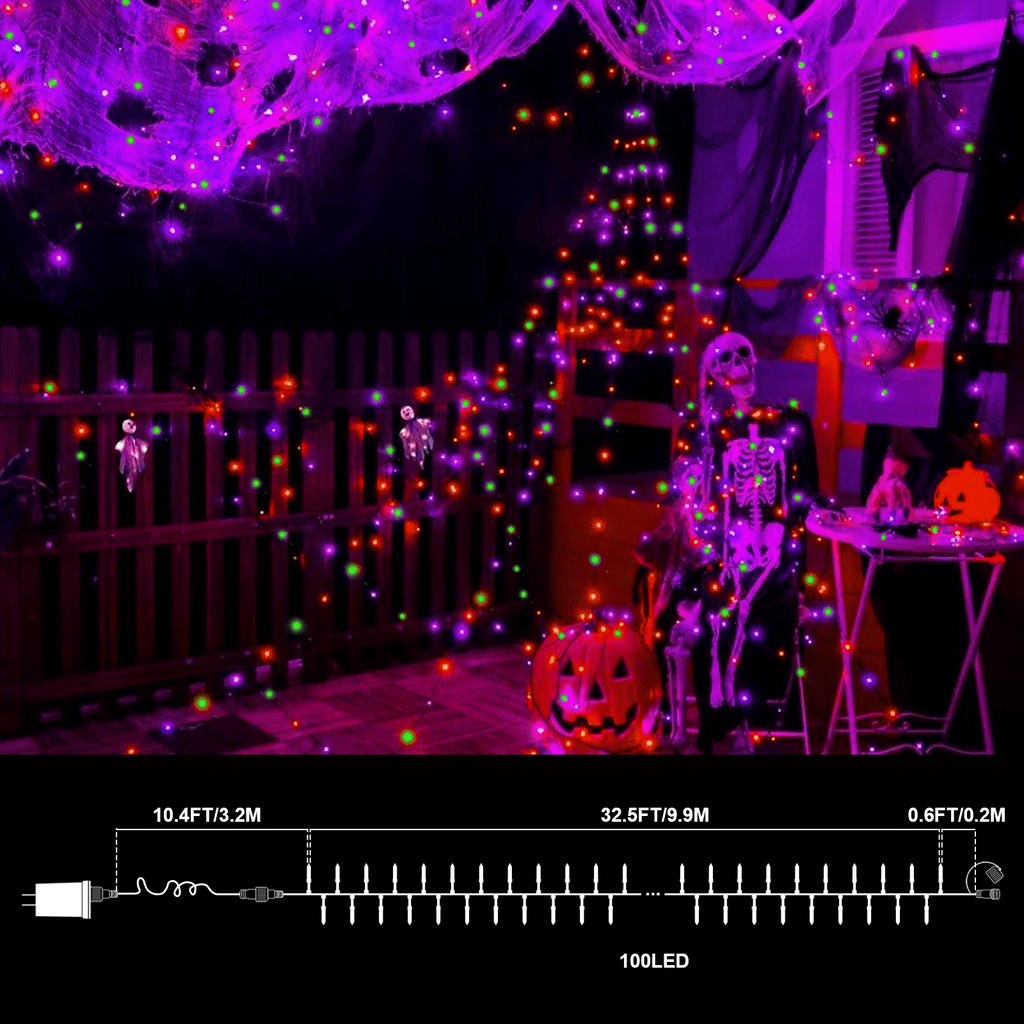LAMPHOME Orange Purple Green Halloween String Lights Outdoor, 32.5FT 100 LED Waterproof Christmas Lights with 16 Lighting Modes for Halloween Garden Party Christmas Xmas Tree Lights Decor