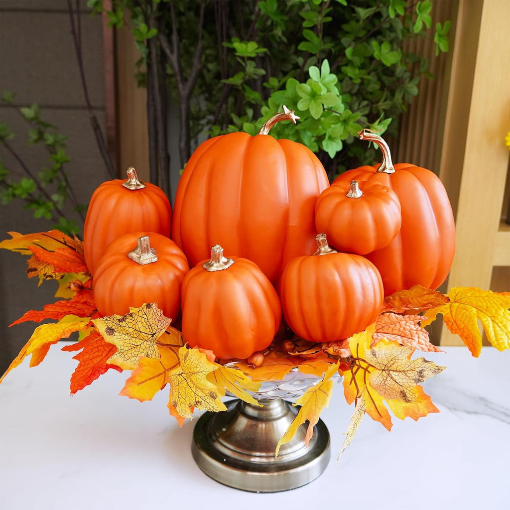Foraging dimple 7 Pcs Assorted Harvest Orange Artificial Pumpkins Decorative Pumpkins Foam Pumpkins with Gold Stems for Fall Harvest Autumn Home Wedding Thanksgiving Halloween Party