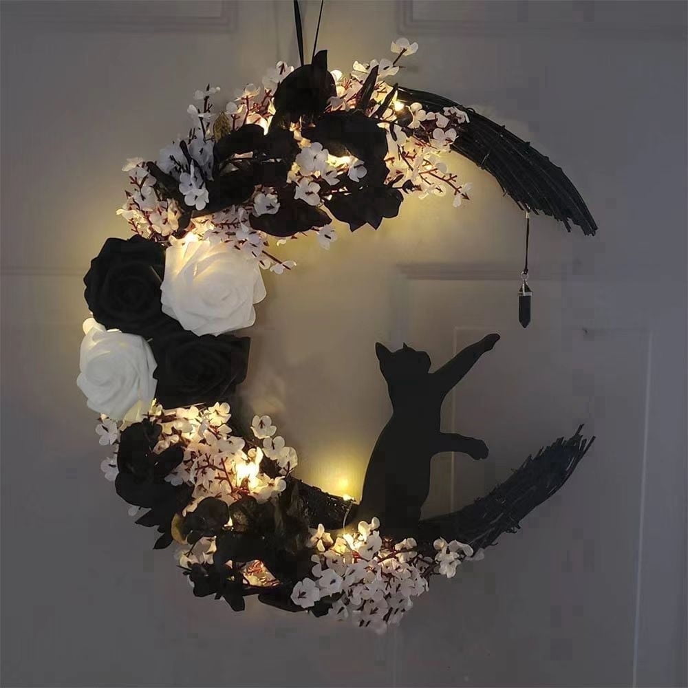 14" Halloween Wreath for Front Door Halloween Moon Cat Wreathr with Rose Floor for Home Decoration Cat Moon Hanging Wreath Decoration for Home Party Indoor Outdoor