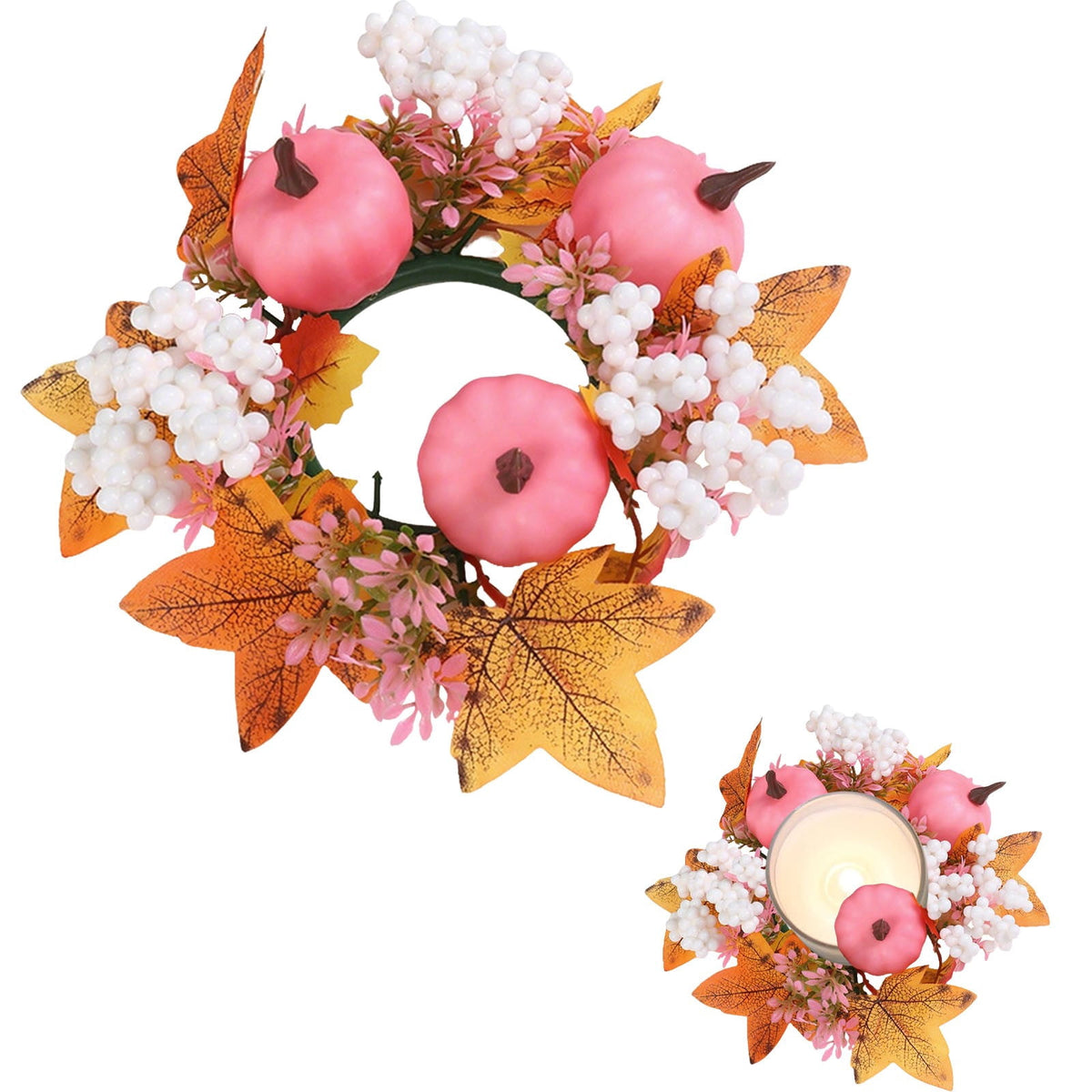 Fall Candle Ring,Artificial Maple Leaves Pumpkins Decorative Wreaths,Berry Wreath for Pillar Candle Holder,Candle Ring for Halloween Centerpieces and Farmhouse Table Decor,7.48 inch(Pink)