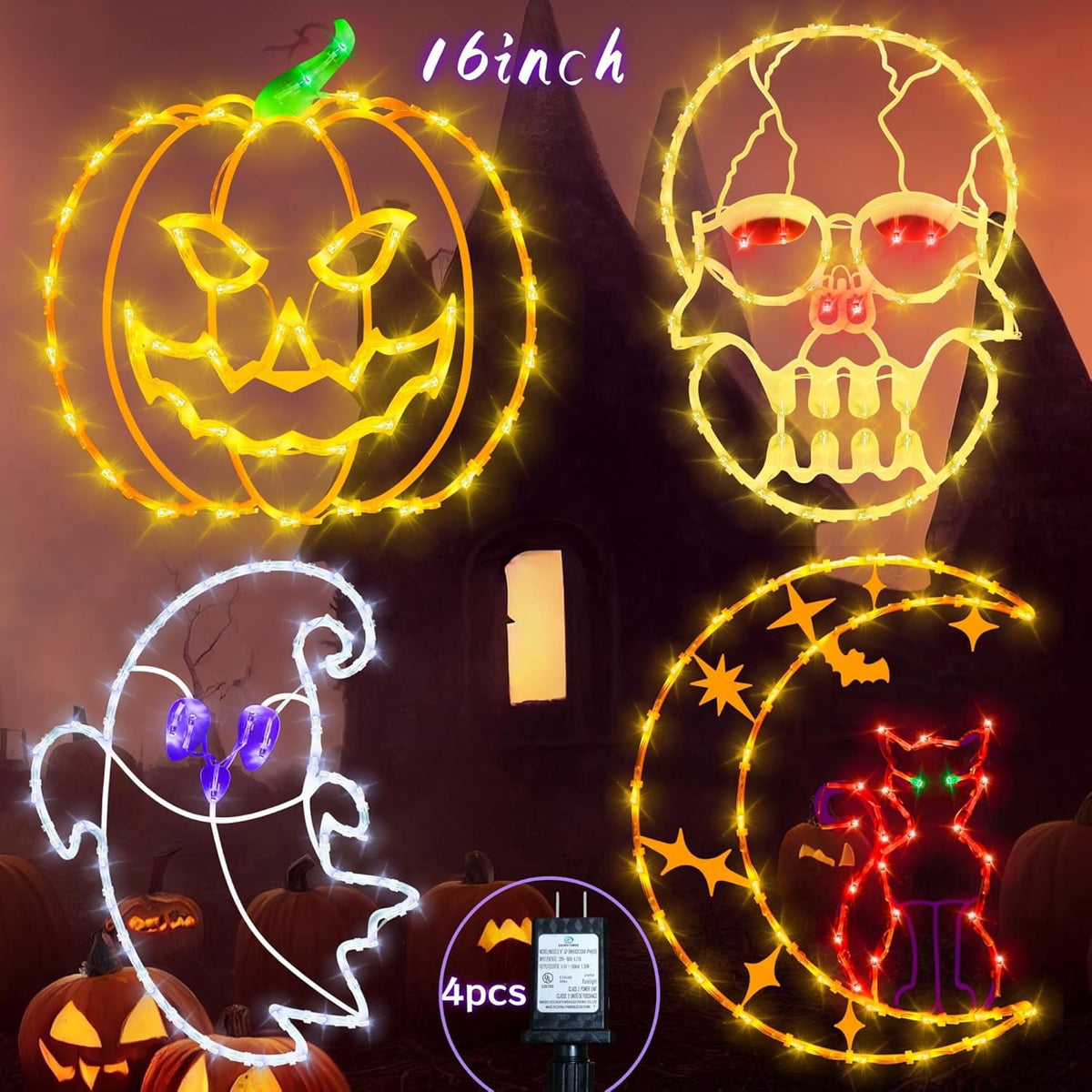 16" Halloween Window decorate Plug Light Ghost Cat on Moon Skull Head Pumpkin door decor-4 Pack Halloween Window lights