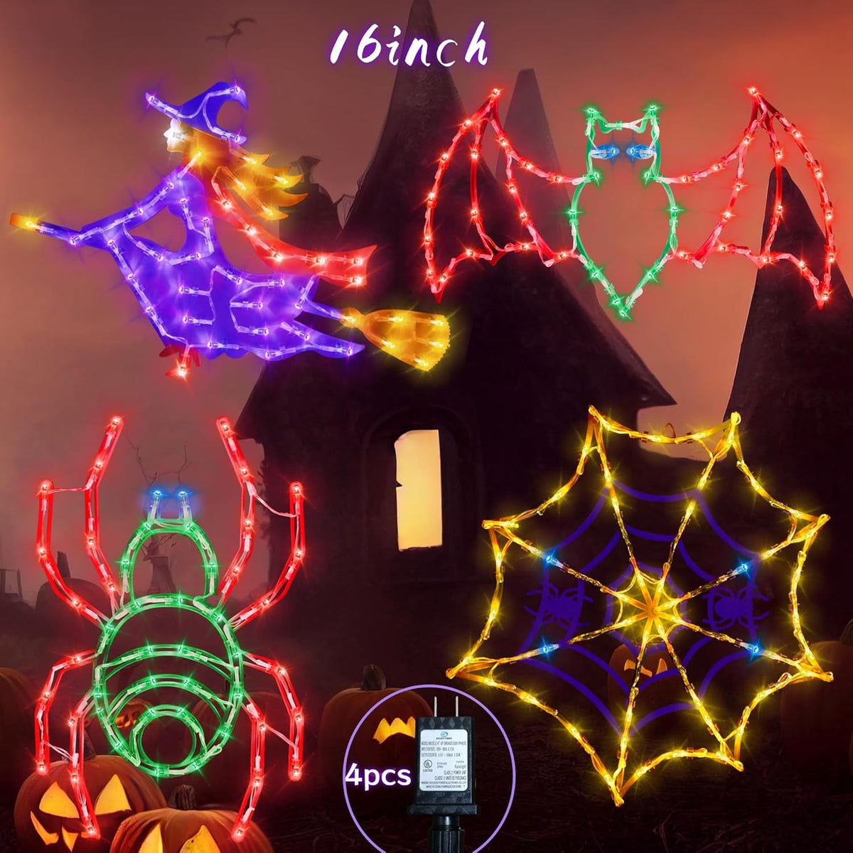 16" Halloween Window decorate Plug Light Witch Bat Spider Web door decor-4 Pack