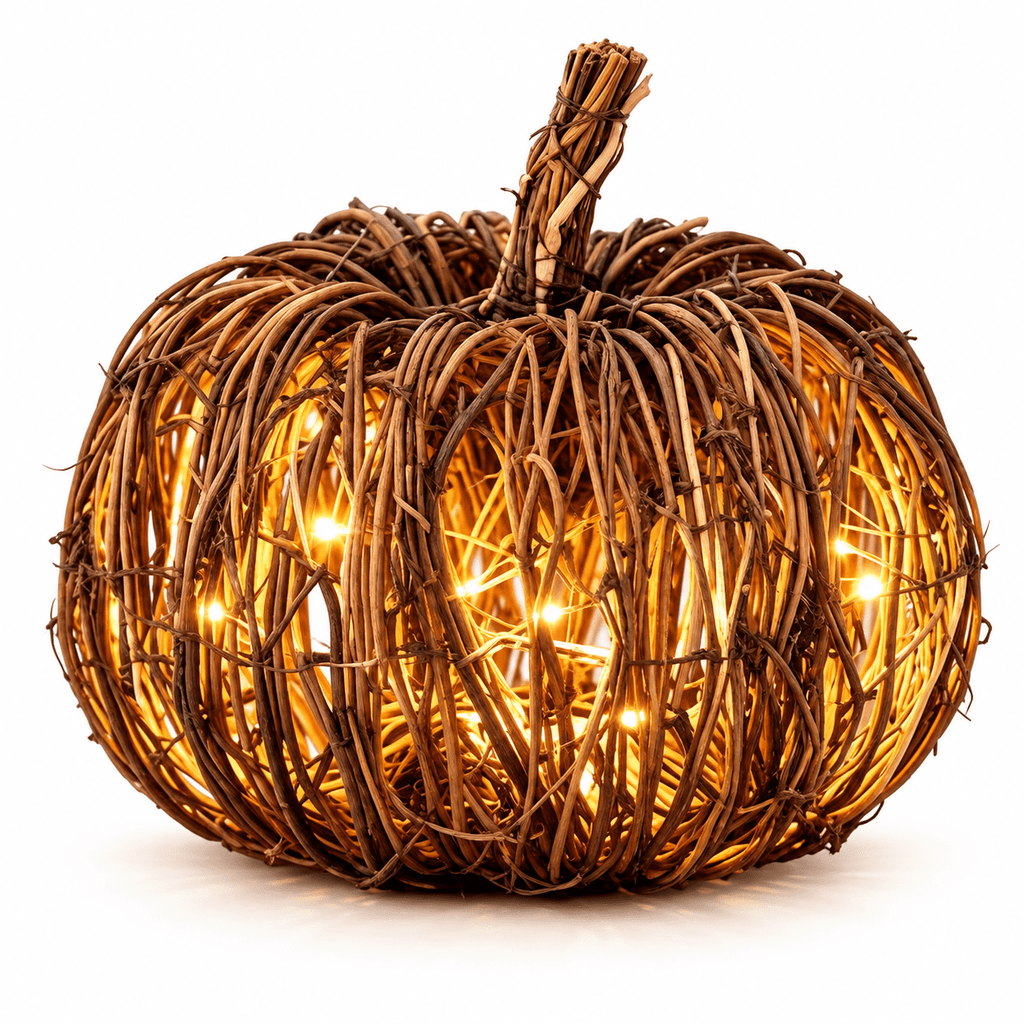 Kuokaa Lighted Fall Rattan Wicker Pumpkin Table Decor with Warm LED Glow, Woven Halloween Tabletop Decoration for Mantel, Entryway and Window Display