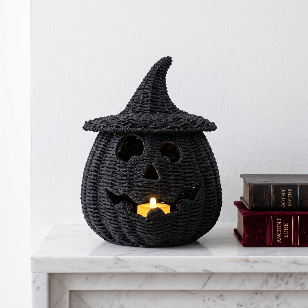 Handwoven Rattan Pumpkin Lantern with Lid, 11" Halloween Light Up Woven Pumpkin Decor, Rustic Black Wicker Pumpkin Decoration for Indoor Home Mantle Tabletop Decor(B)