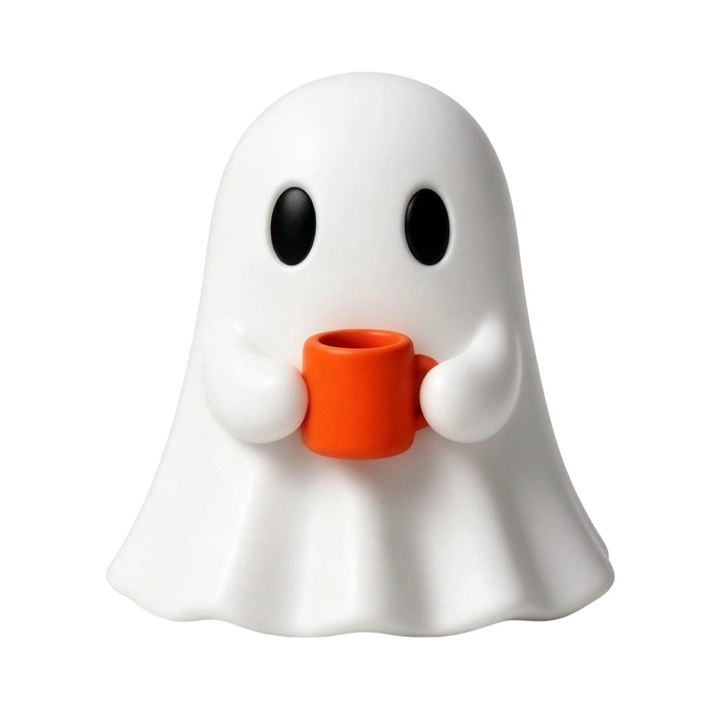 Halloween Ghost Figurine, Resin Lighted Ghost Ornament with Pumpkin Lantern & Beverage Cup, Tabletop Halloween Indoor Decor
