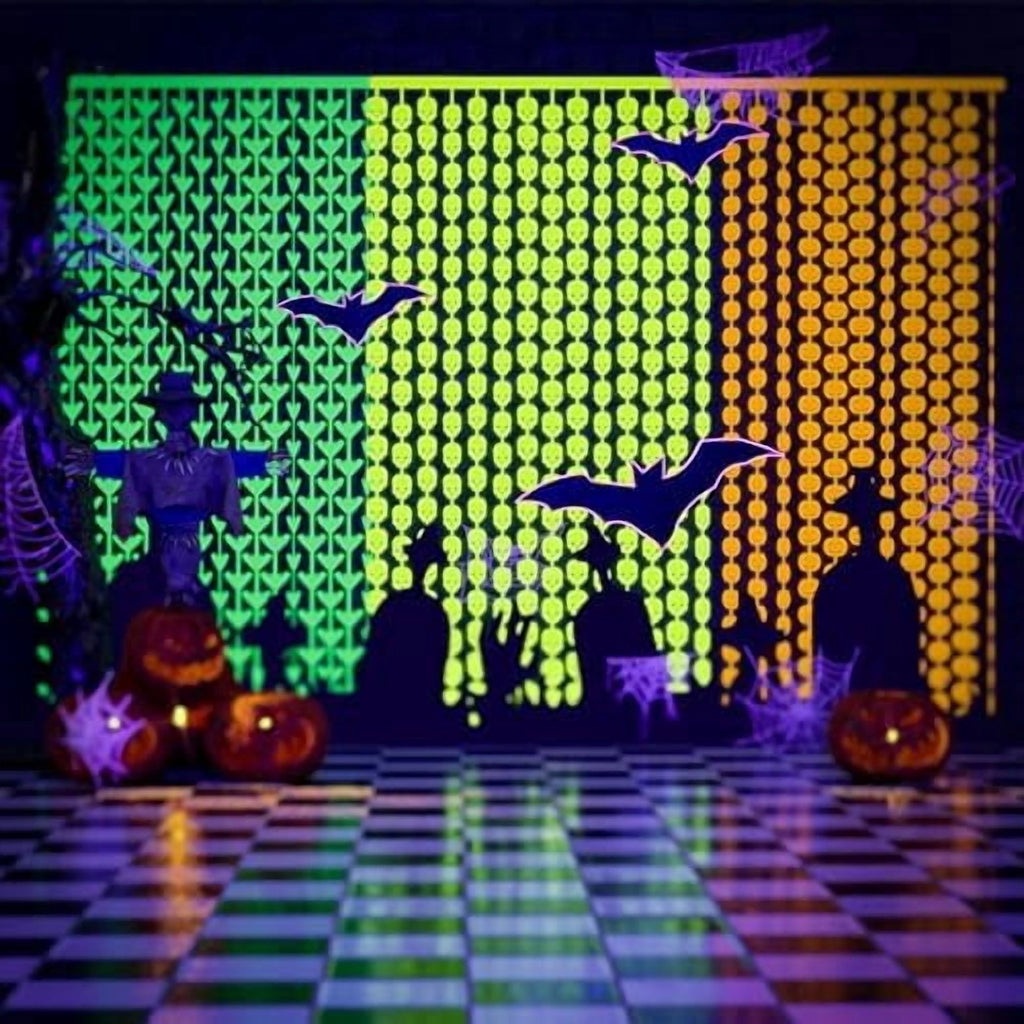 Halloween Neon Tinsel Fringe Curtains 3 Pack Pumpkin Skeleton Bat UV Party Decor