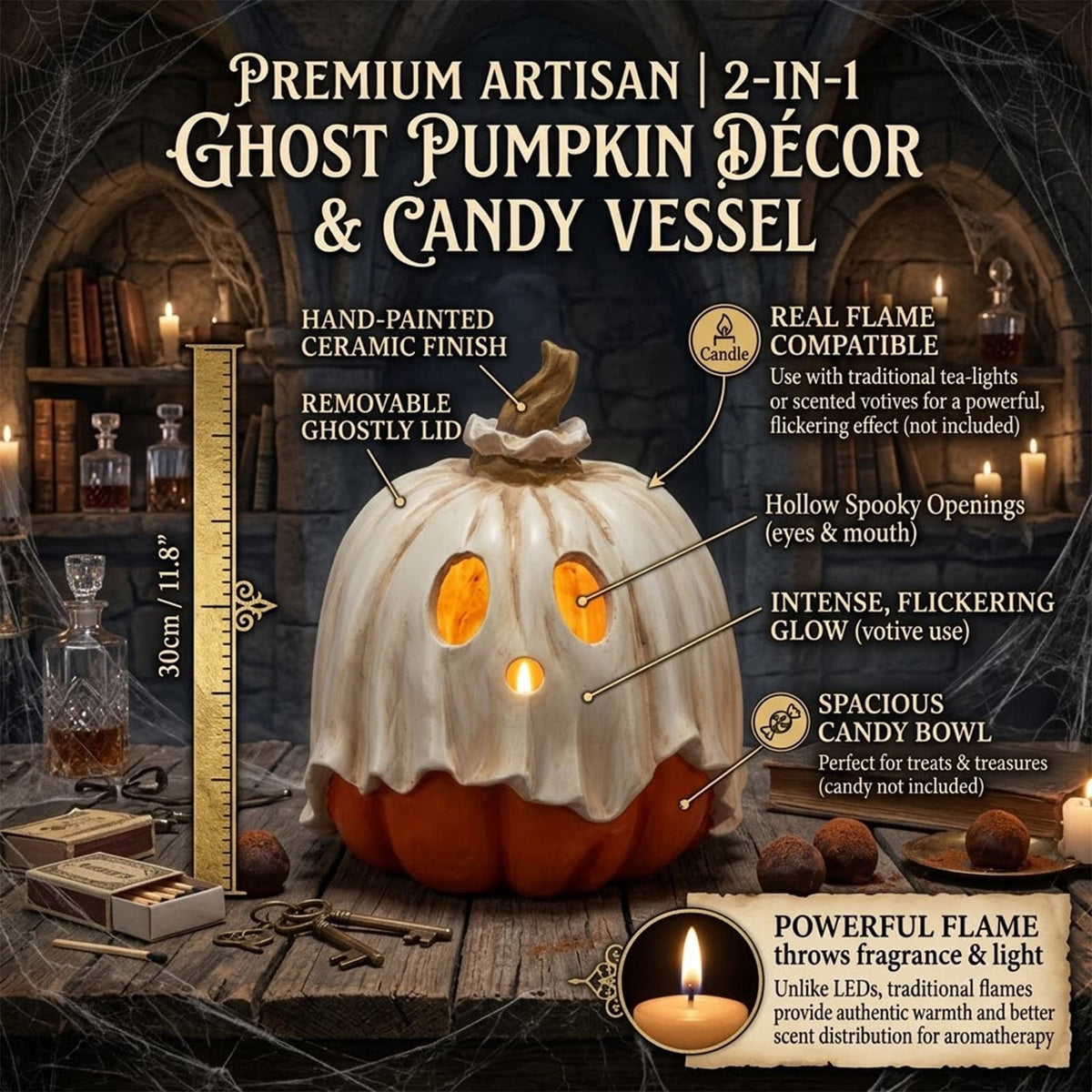 Ghost Pumpkin Candy Bowl/Lantern 2 In 1 With Detachable Ghost Mask Lid 10 Inch Resin Spooky Tabletop Decor For Halloween Party Supplies