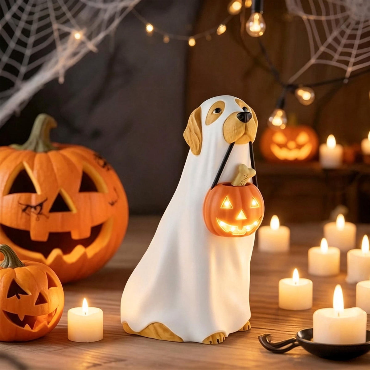 Halloween Ghost Figurine, Ghost Girl with Pink Bow & Hot Drink, Funny Ghost Statue Halloween Decor for Gift, Cute Spooky Tabletop Ornament for Home, Mantle, Desk & Party Decoration