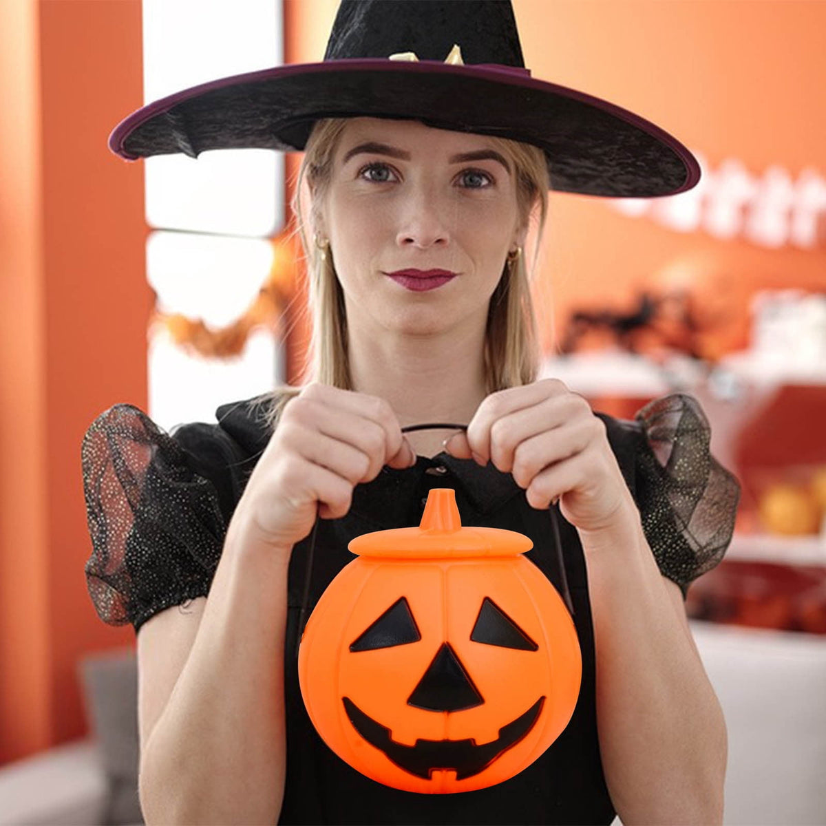 Kyusrd Trick or Treat Halloween Lantern Pumpkin Decoration Lighted Table Centerpieces Ornaments Spooky Pumpkin Prop Decor Decorative Wedding Candy Bowl Organizer Canisters