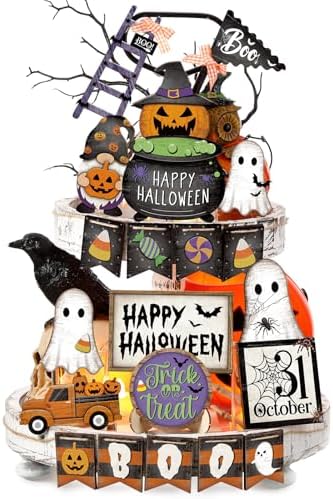 MiniInflat Halloween Tiered Tray Decorations Set, Wood, Pumpkin, Colorful
