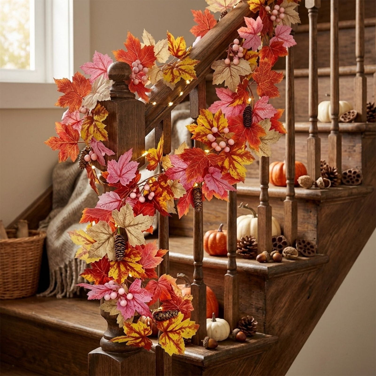 Fall Maple Leaf Front Door Wreath, Multicolor Plastic Seasonal Wreath for Halloween Thanksgiving Christmas Indoor Wall Fireplace Home Decor, 9.84 Inch