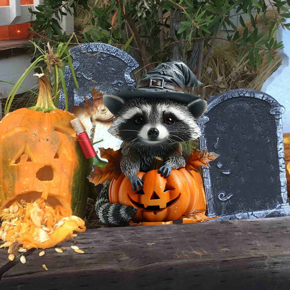 Nkmbld Halloween Pumpkin Cute Raccoon Acrylic Decoration Potted Plants Scene Decoration for Home Yard Patio Lawn Garden Halloween Party Supplies