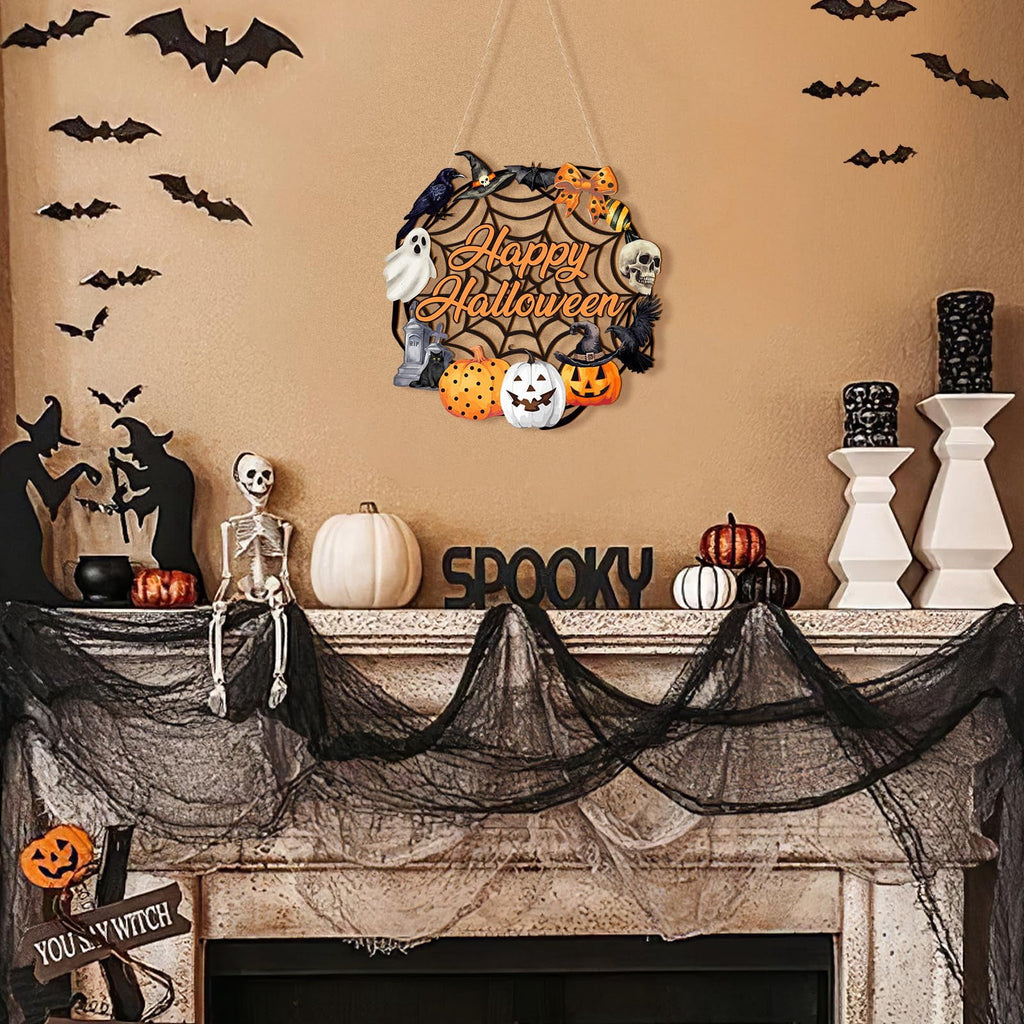 Halloween Door Wreath,Wooden Door Sign Halloween Wreath for Front Door Decoration with Ghost Black Cat Pumpkin Fall Decor