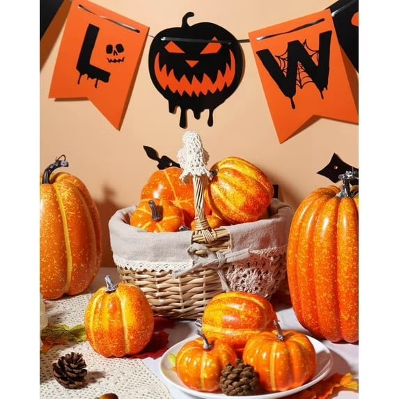 CQHVKQ 7PCS Fake Pumpkins Foam Decor Set, Fall Pumpkins Decoration from Sizes 1.9" to 7.5", Artificial Styrofoam Pumpkins for Table Centerpieces, Fall, Thanksgiving & Halloween DIY, Orange