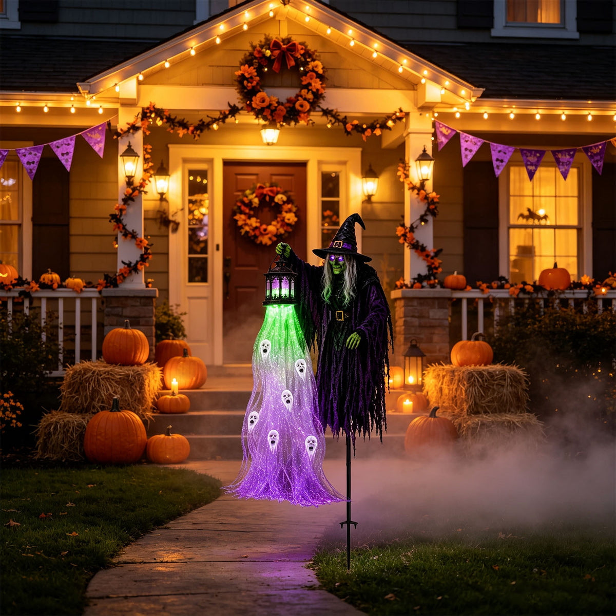 Solar Halloween Metal Moon Black Cat Garden Stake with LED Pumpkin Lantern, Light Up Star Bat Yard Decor Stake, Spooky Outdoor Lawn Pathway Halloween Decoration