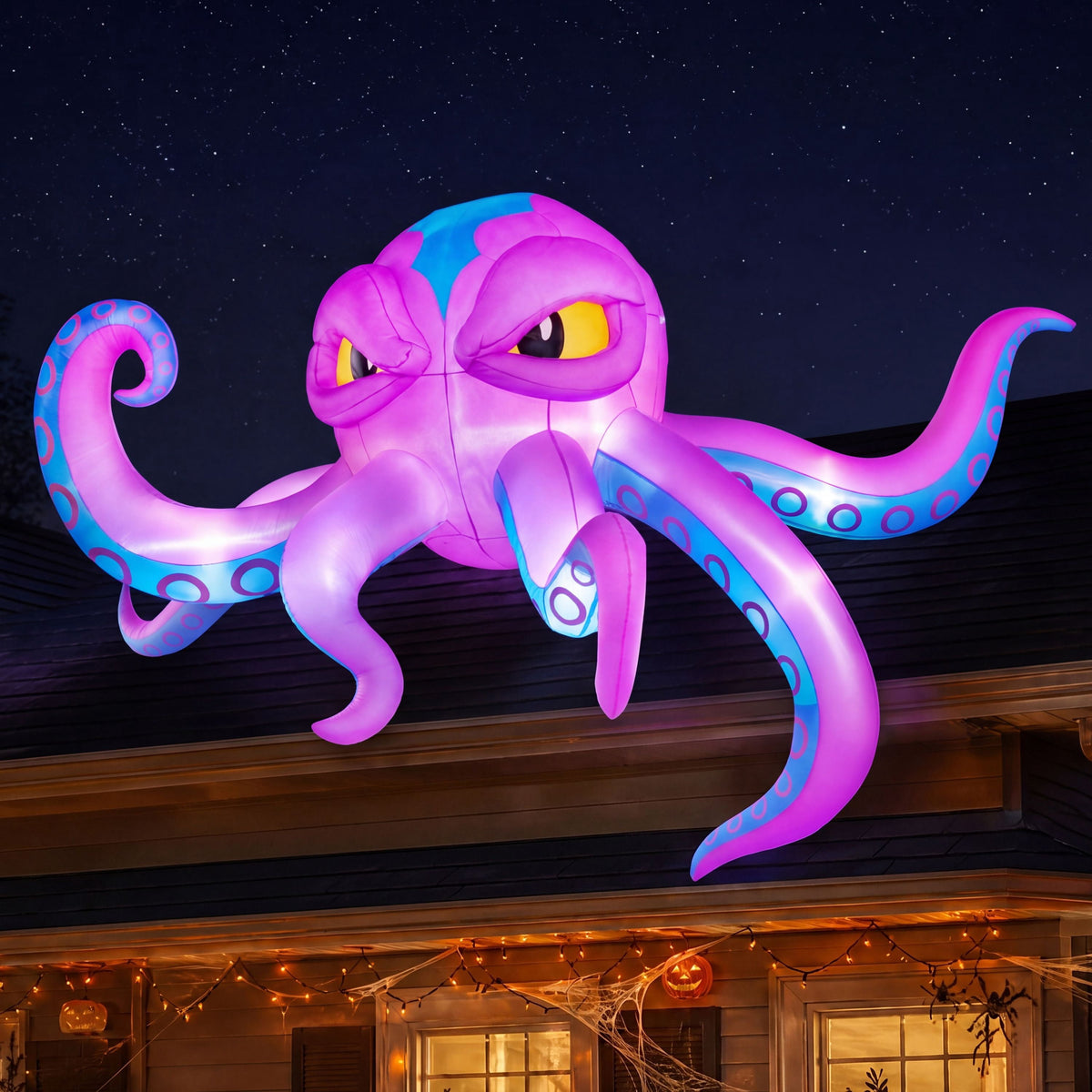 Joyfy 4 FT Halloween Inflatable Purple Octupos Head with Tentacles Broke Out from Window with Built-in LED Blow Up Inflatable for Window Decoration Yard Garden Lawn Decor