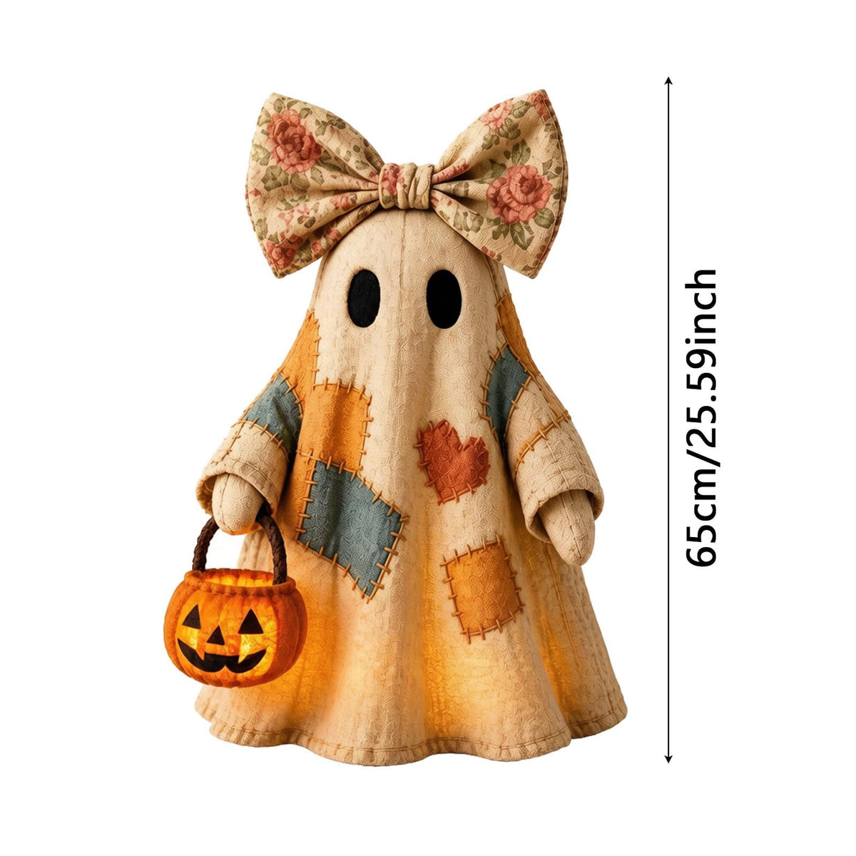Win s Way Lighted Vintage Patchwork Ghost Decor Glowing Ghost Figurine with Pumpkin Lantern Farmhouse Style Light Up Statue for Mantel Shelf Entryway Table Fall Decorations