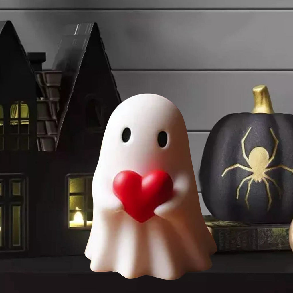 Halloween Ghost Figurine, Resin Lighted Ghost Ornament with Pumpkin Lantern & Beverage Cup, Tabletop Halloween Indoor Decor