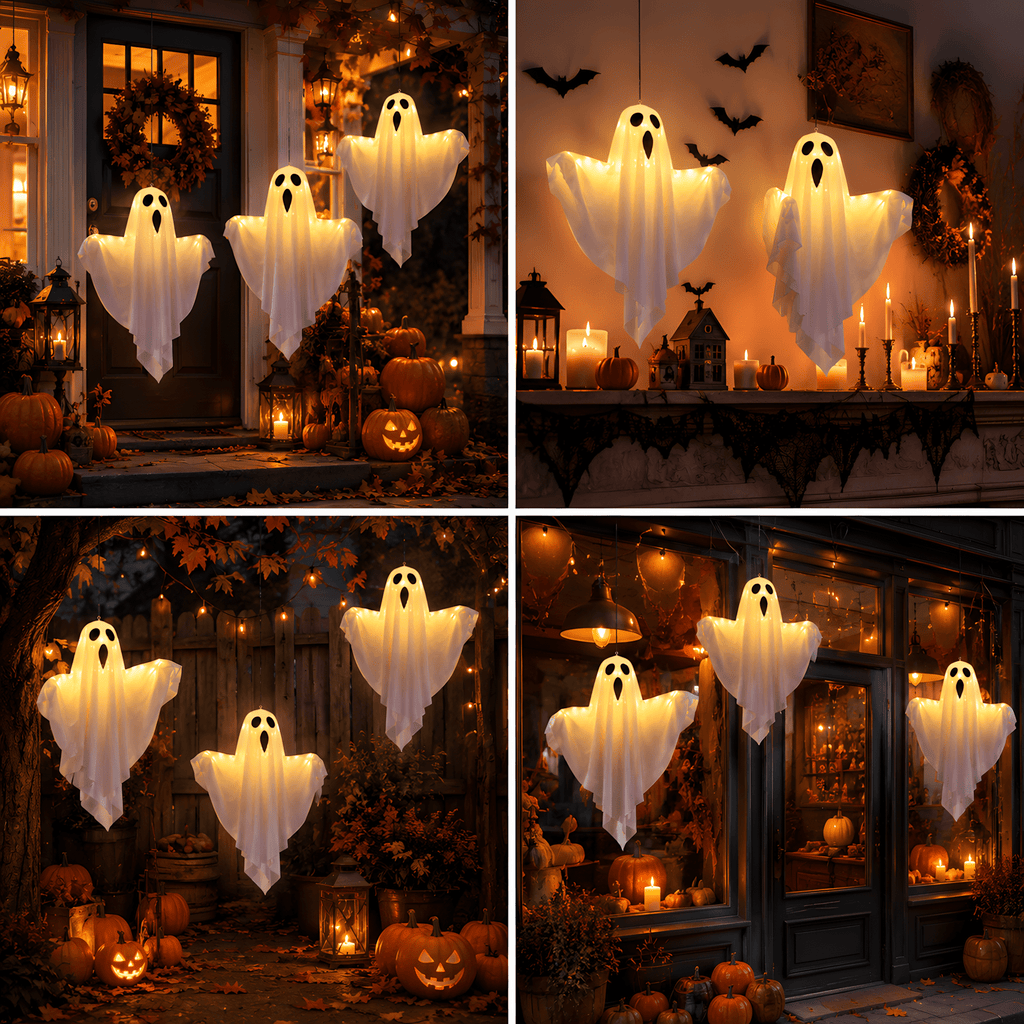 DAYBETTER Halloween Hanging Ghosts Decoration, LED White Ghost Light Up Kit Decor with adjustable arms for Indoor Outdoor Garden Yard Porch Scary Cute Halloween Ghost Decor Gifts (2 Pack)