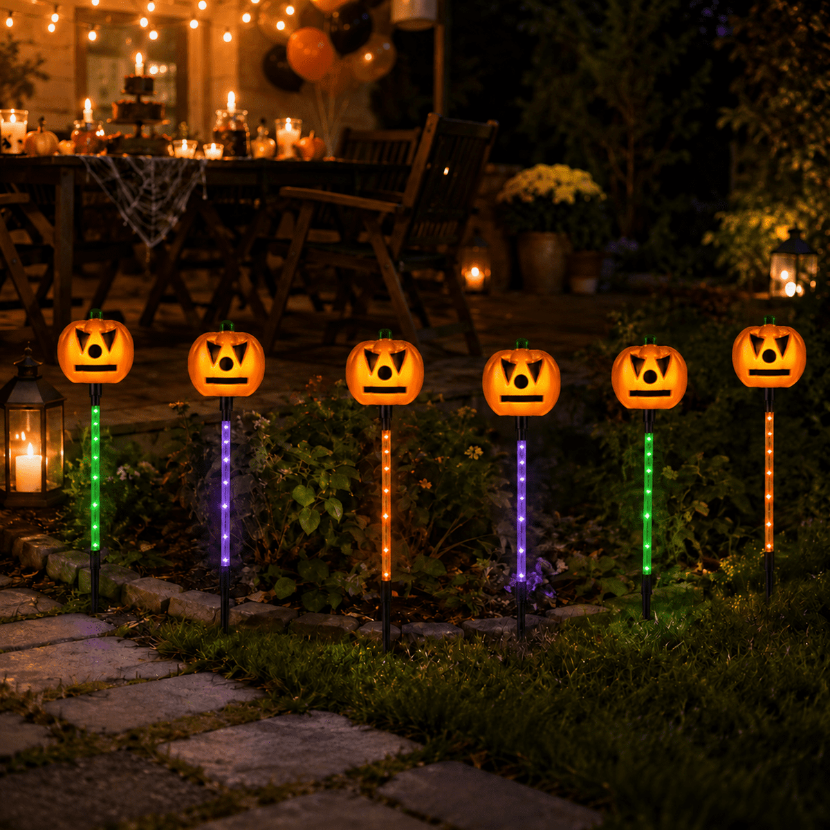 DAKIMOE Solar Halloween Path Lights, Lantern Stake Outdoor String Lights, 6-Pack
