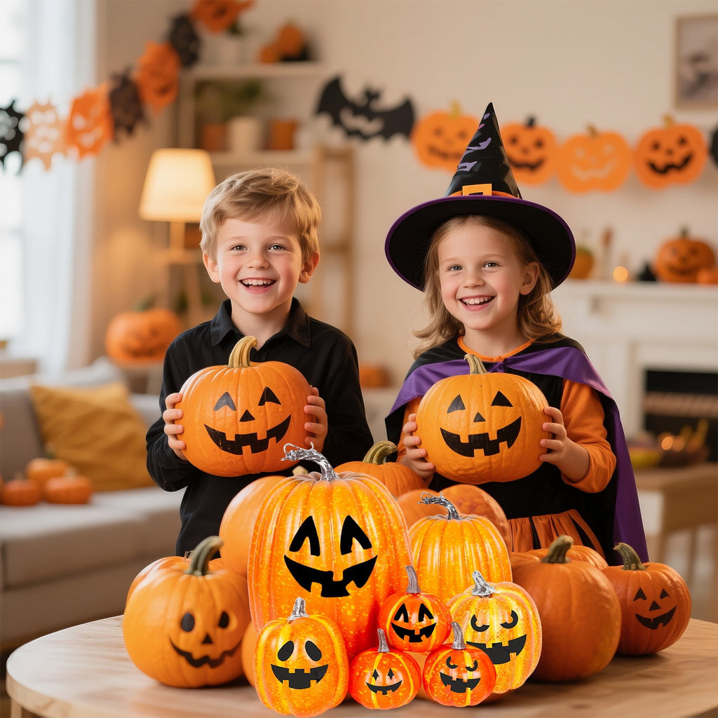 YOYTOO 7 Pcs Artificial Fake Pumpkins Fall Decoration, 4 Sizes, DIY Foam Pumpkins for Halloween Autumn Harvest Thanksgiving Table top House Dining Table Party Decoration (Orange)