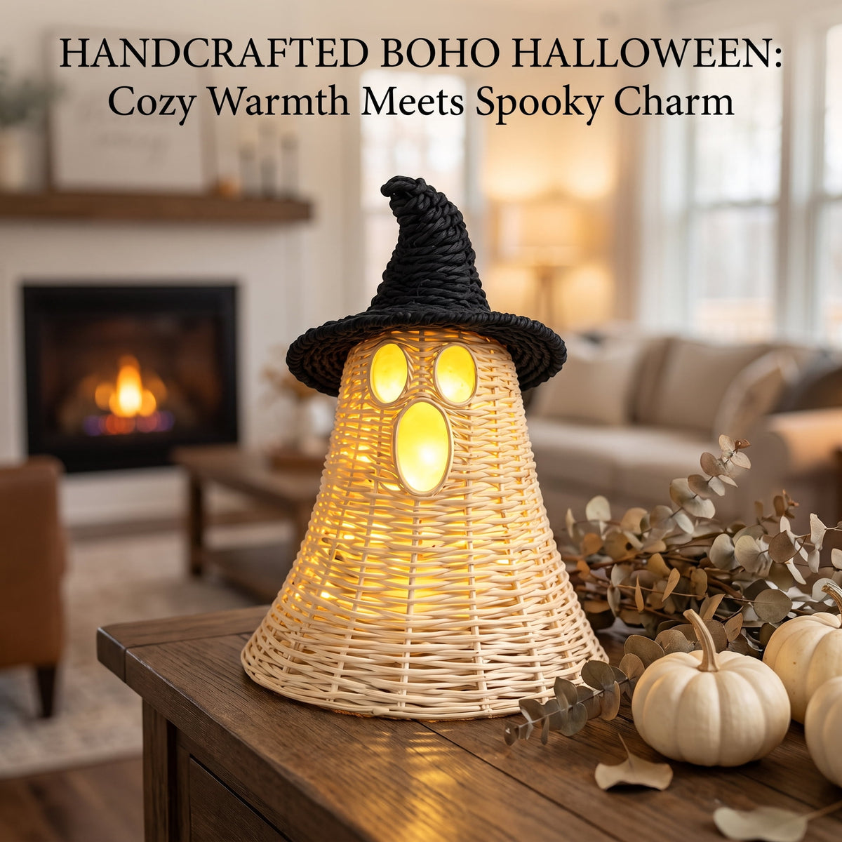 Wicker Ghost Decor, Halloween Decorations Indoor 12.2 Inch, Rattan Ghost Basket Tabletop Lamp Shade for Fall Home Mantel, Halloween Gift Ideal