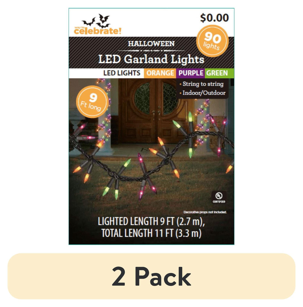 (2 pack) Halloween 90-Count Indoor/Outdoor Multicolor Garland LED Mini Lights, 9', Way To Celebrate