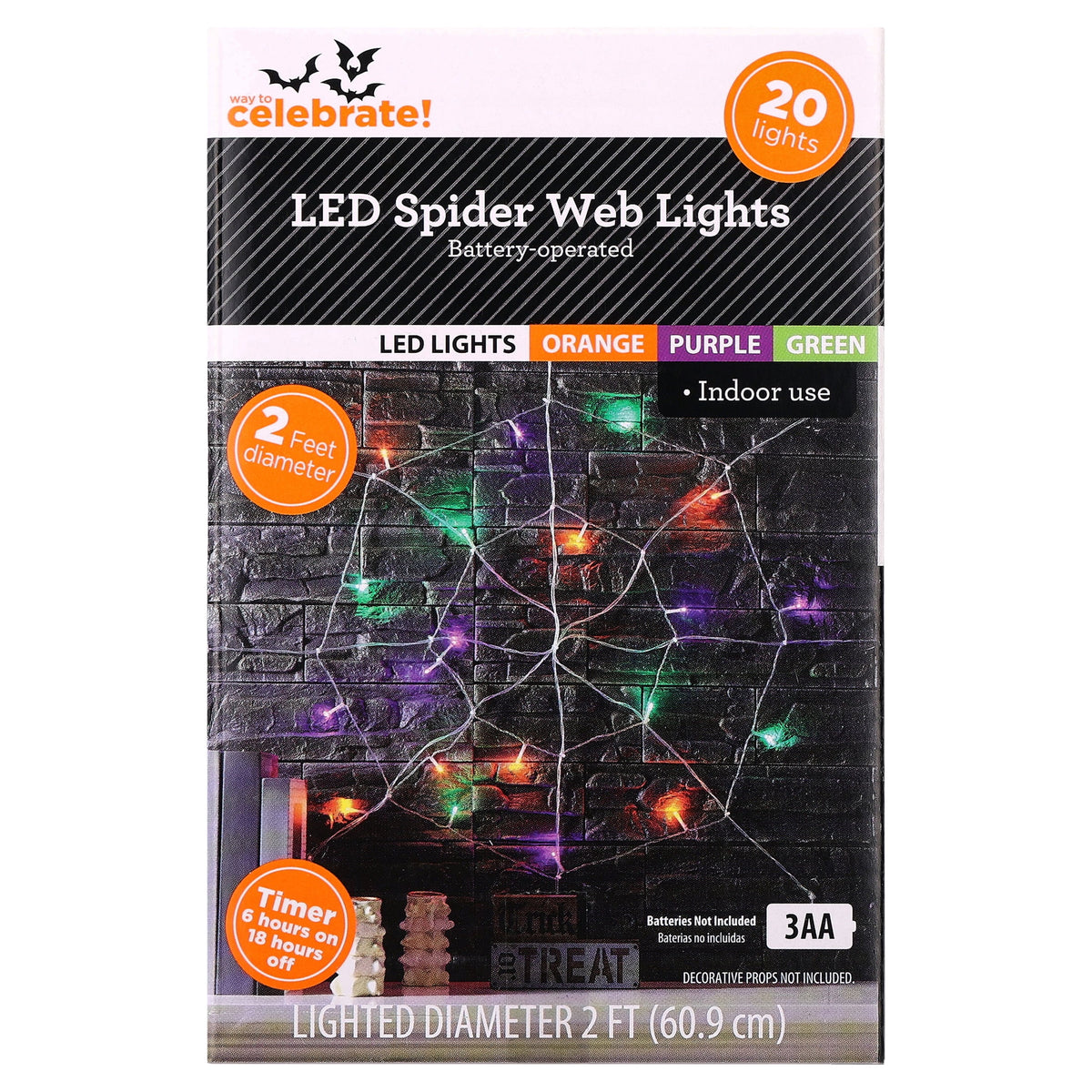 Indoor 20-Count Battery-Operated LED Spider Web Lights, Multicolor, 2', Halloween by Way To Celebrate