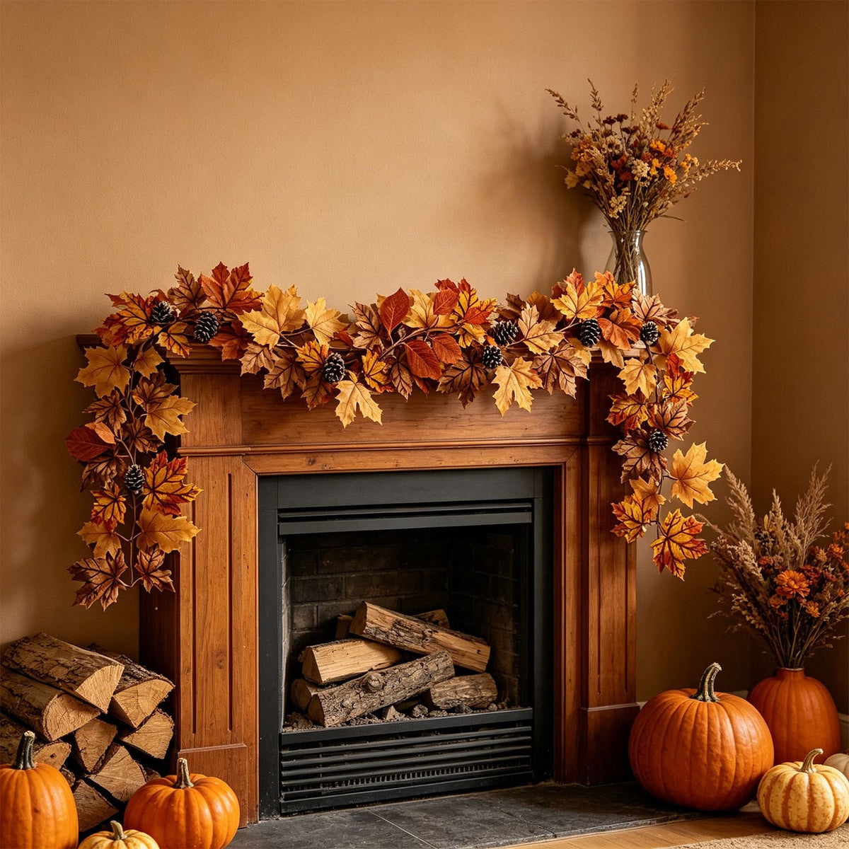 Fall Maple Leaf Front Door Wreath, Multicolor Plastic Seasonal Wreath for Halloween Thanksgiving Christmas Indoor Wall Fireplace Home Decor, 9.84 Inch