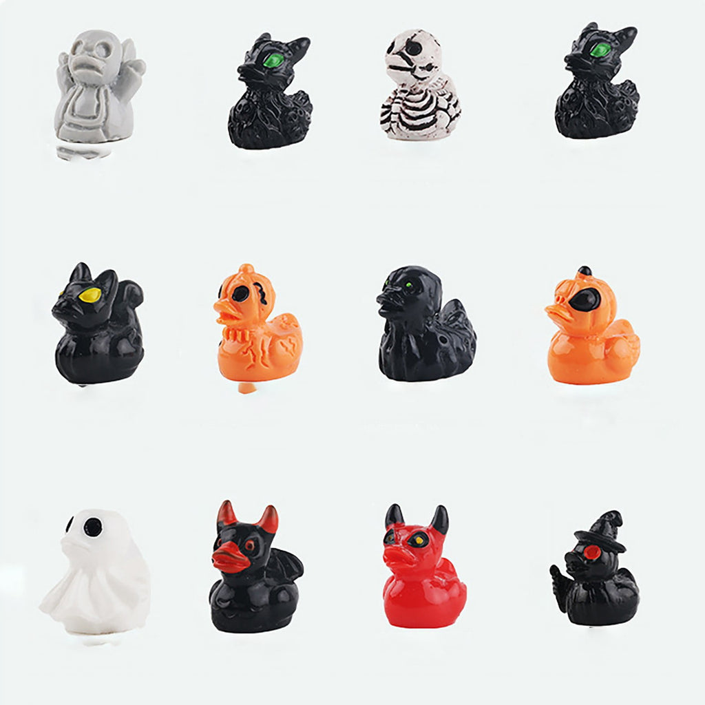 60 Pcs Halloween Plastic Mini Ducks,12 Styles of Ducks with Distinct Halloween Elements Skeleton Pumpkin Witch Devil Ghost Tiny Duck Figures for Favors Fillers Home Tabletop Decor