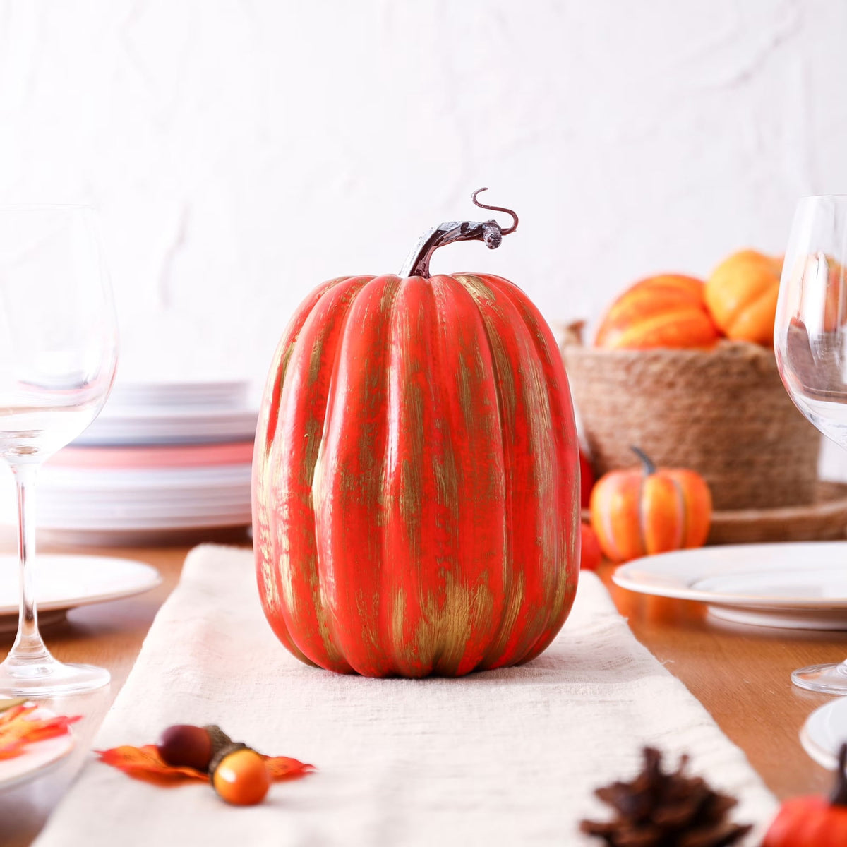 CQHVKQ 8 Inch Large Artificial Pumpkin Fall Decorations, Realistic Fake Harvest Pumpkin, Orange Gold Decorative Pumpkins for Table Centerpieces, Fall, Thanksgiving & Halloween DIY