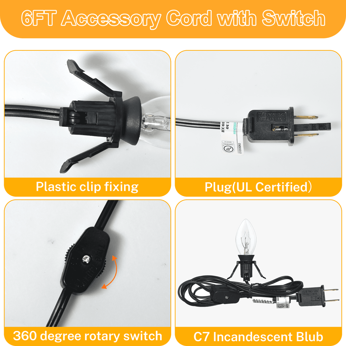 Set of 4 Accessory Cord with C7 Lights, Single Light with 4 Light Bulb, 6FT C7 Socket Clip Lights with On/Off Switch Plugs Perfect for Craft Village Halloween Christmas House Decoration