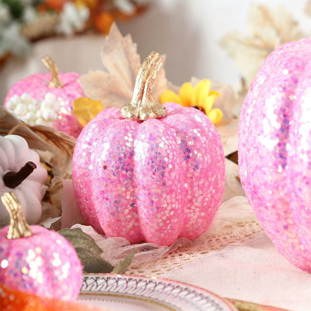 FXMLRLK Pink Velvet Pumpkins Fall Decor, 7PCS Artificial Glitter Pumpkins for Halloween Thanksgiving Day Home Centerpieces for Tables Seasonal Holiday Decor