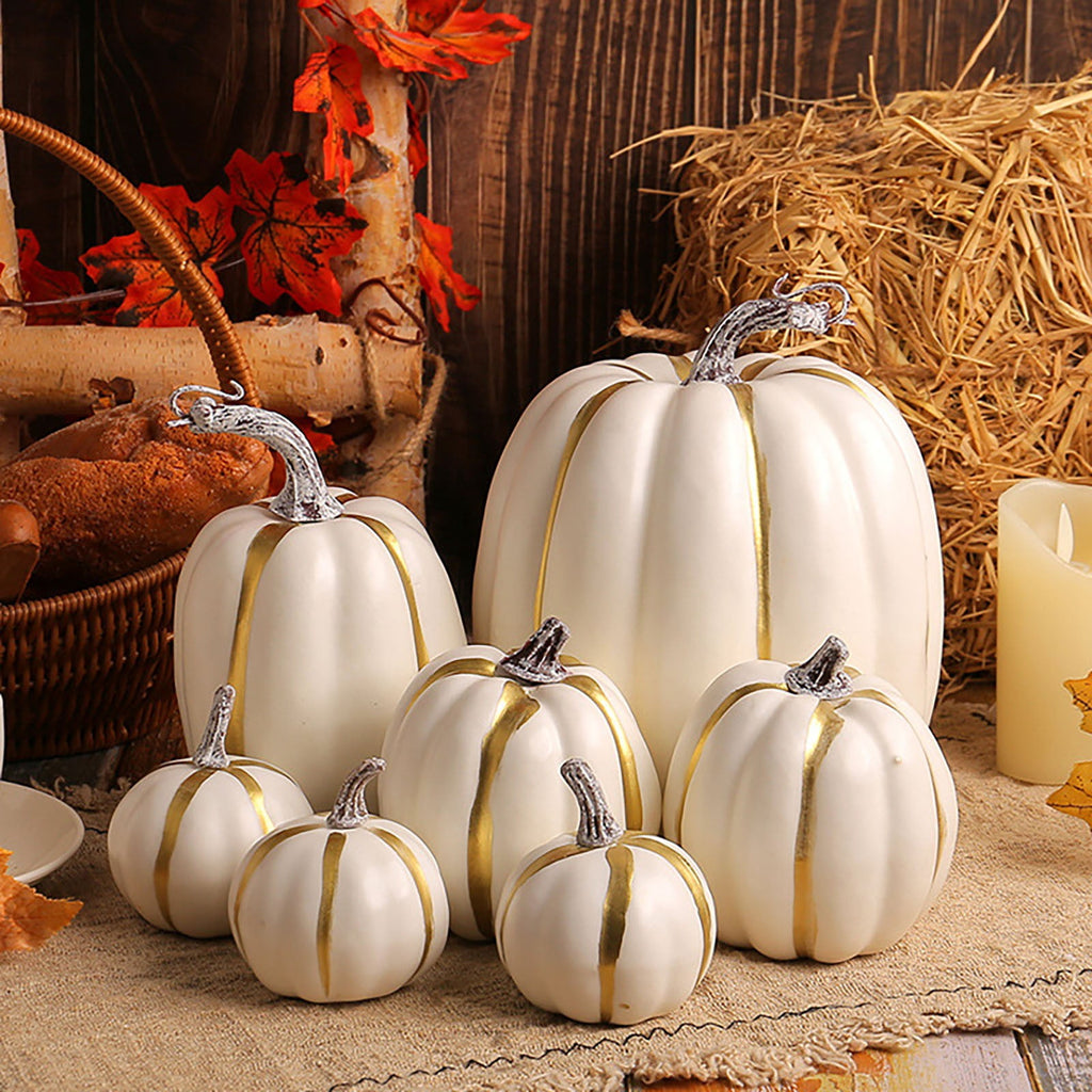 7Pcs Artificial Pumpkins Fall Decoration Assorted Faux Pumpkin Cute Foam Pumpkins for Home Outside Halloween Decorating (White)