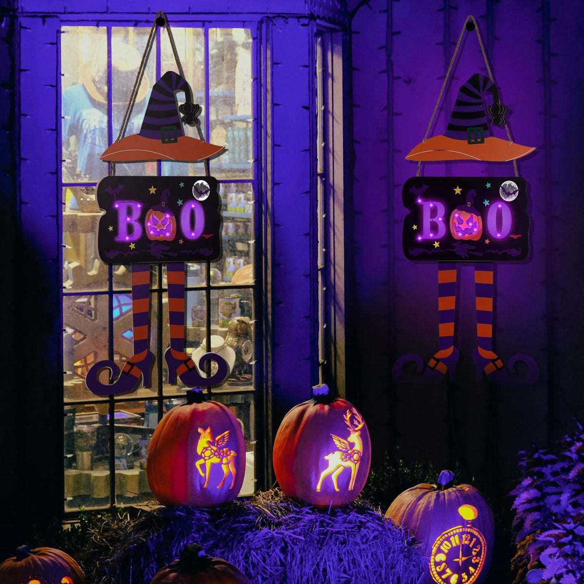JoyHue Halloween Door Sign Witch Door Decorations With Timer Light Up Halloween Wreath Boo