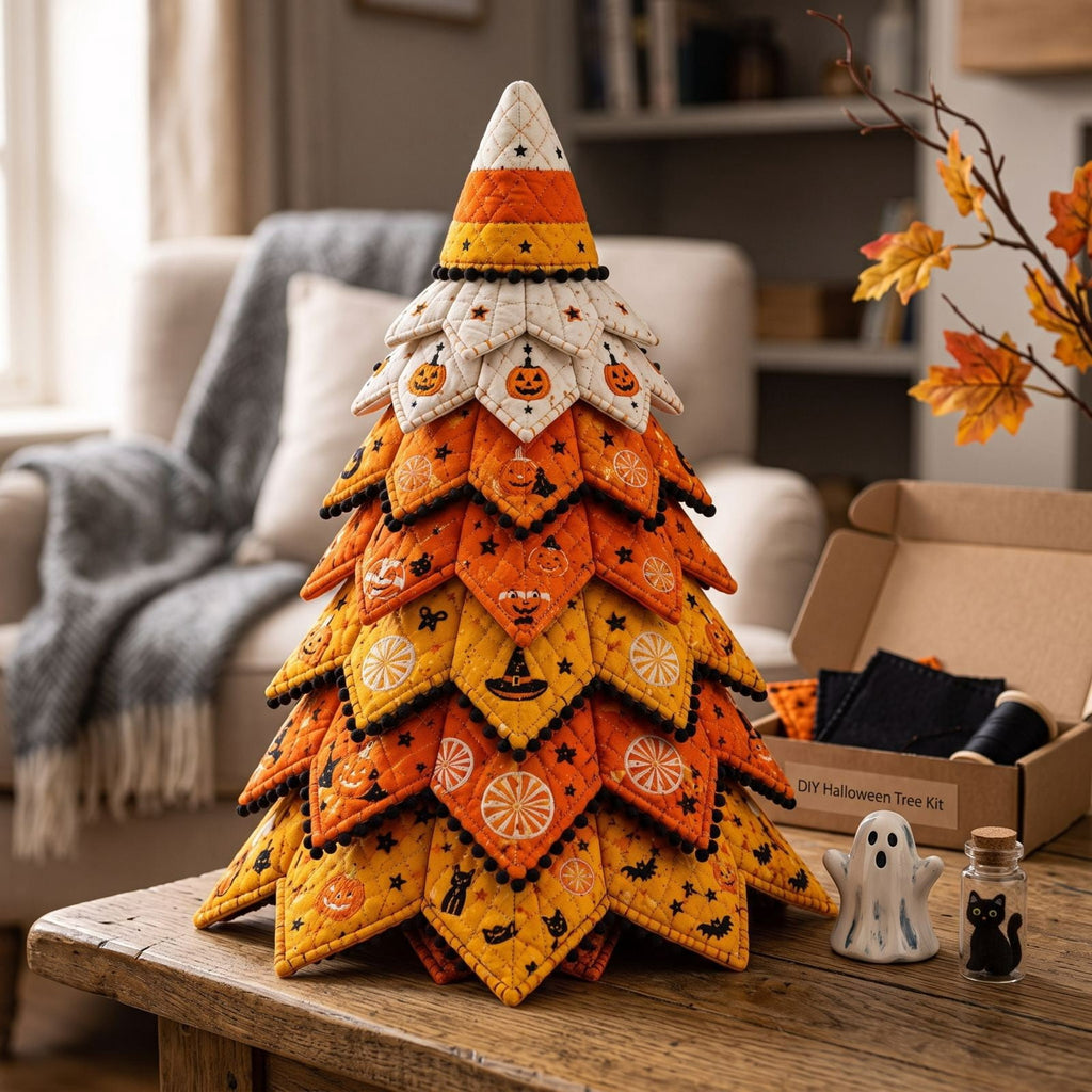 Lypsnake DIY Halloween Quilted Fabric Tree Kit, Vintage Pumpkin Sunflower Patchwork, 3D Padded Sewing Craft Project for Autumn Harvest Decor