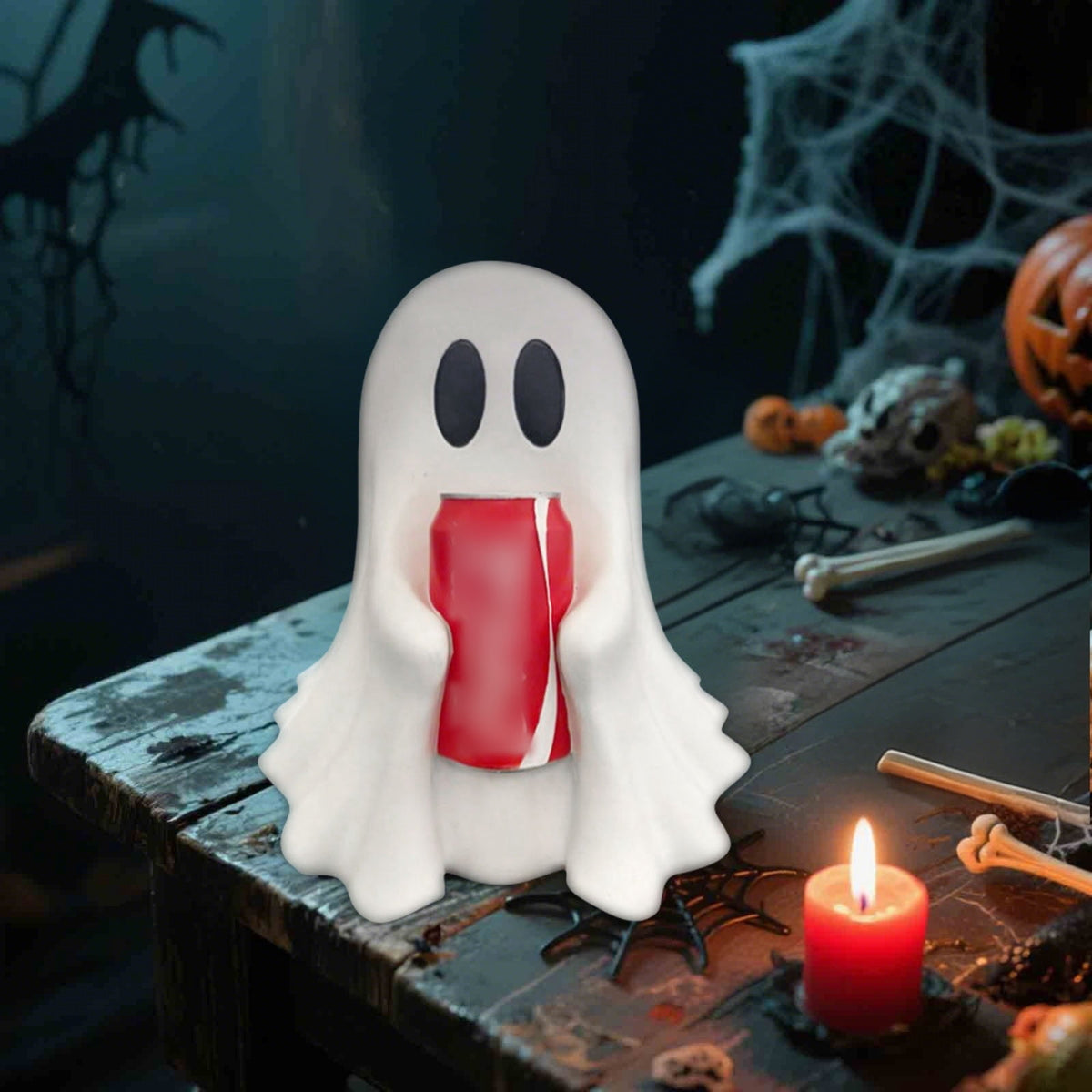 Halloween Ghost Figurine, Resin Lighted Ghost Ornament with Pumpkin Lantern & Beverage Cup, Tabletop Halloween Indoor Decor