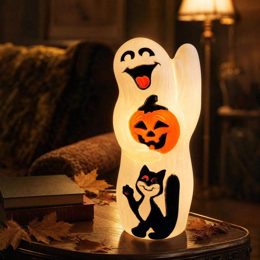 Halloween Ghost,Halloween Blow Mold,Halloween Ghost with Pumpkins - Jack-O-Lantern Blow Mold Light-Up Decoration - Perfect for Halloween, Home, Yard(White 12IN)