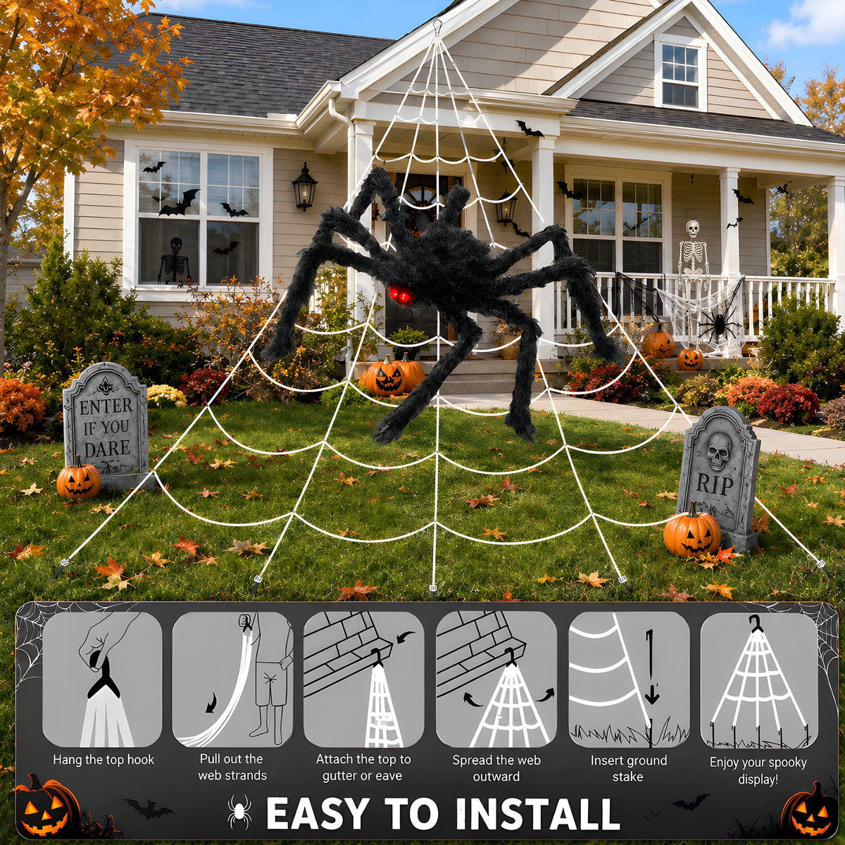 VOLIVO Halloween Spider Web Lights, 5 FT Giant Spider + 15.7 x 16.4 FT Light-up Triangular Web, 250 LED 8 Modes Waterproof Decor for Indoor Outdoor (Purple)