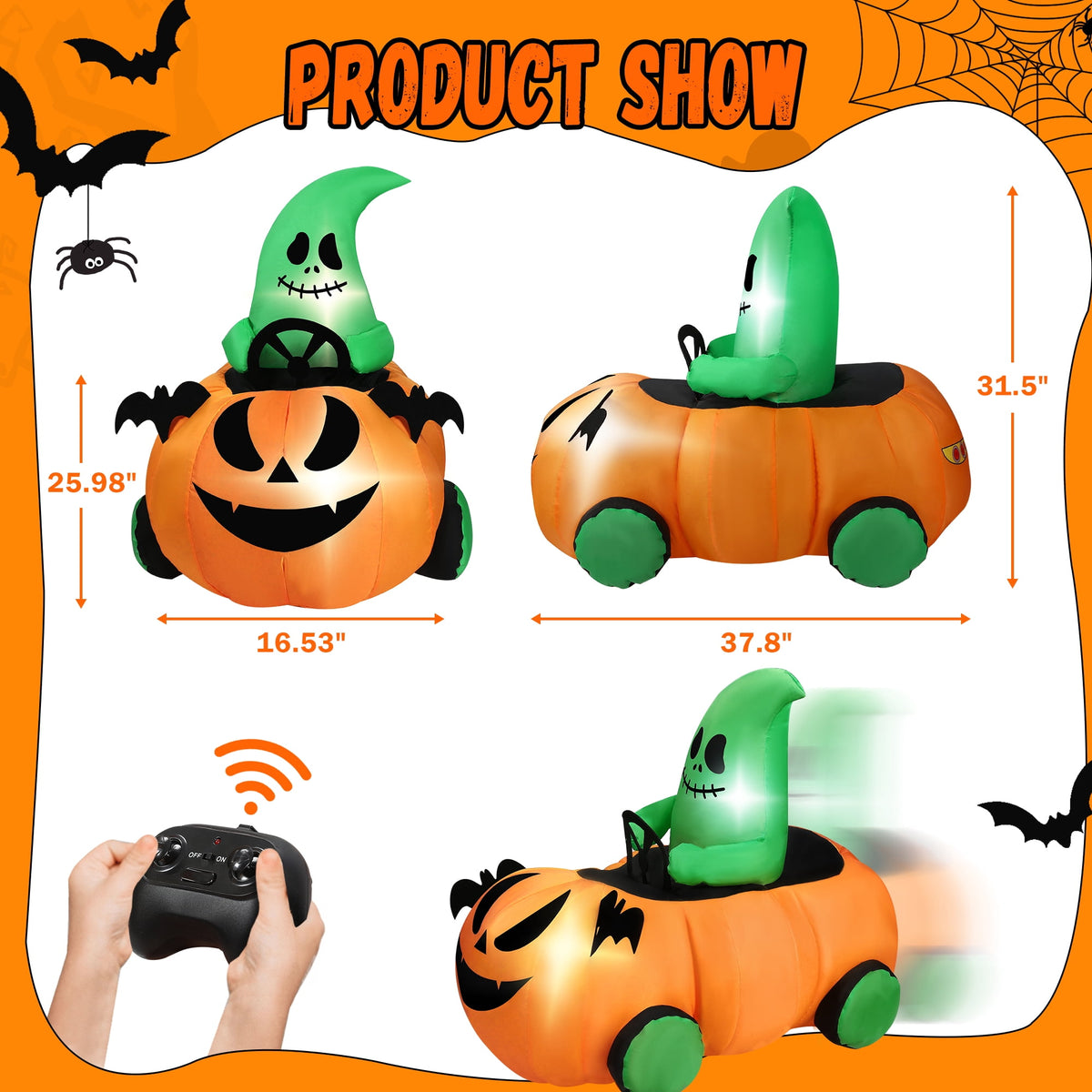 Firstness 2.4GHz Remote Control Car Halloween Inflatable Pumpkin Spider Blow ups Rc Car 360° Rotation, 3 Music and LED Lights,Aged 3+