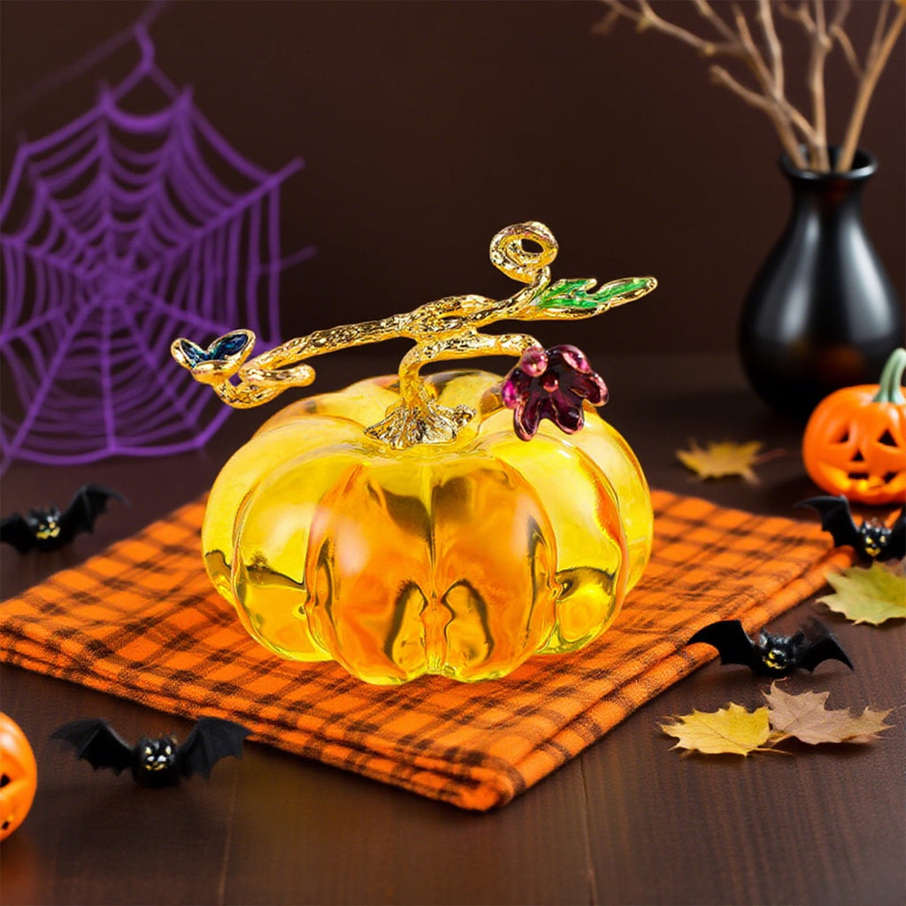 Chanana Mini Crystal Pumpkin Collectible Figurines, Hand Blown Glass Pumpkin Figurine, Glass Paperweight Tabletop Decorative Ornaments for Fall Harvest Thanksgiving Halloween Home Decor