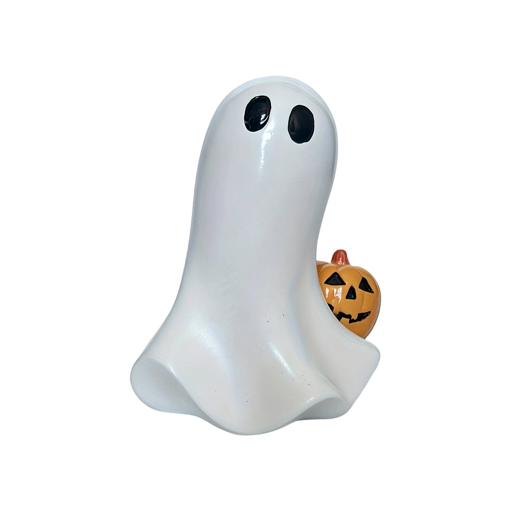 Halloween Ghost Figurine, Resin Lighted Ghost Ornament with Pumpkin Lantern & Beverage Cup, Tabletop Halloween Indoor Decor