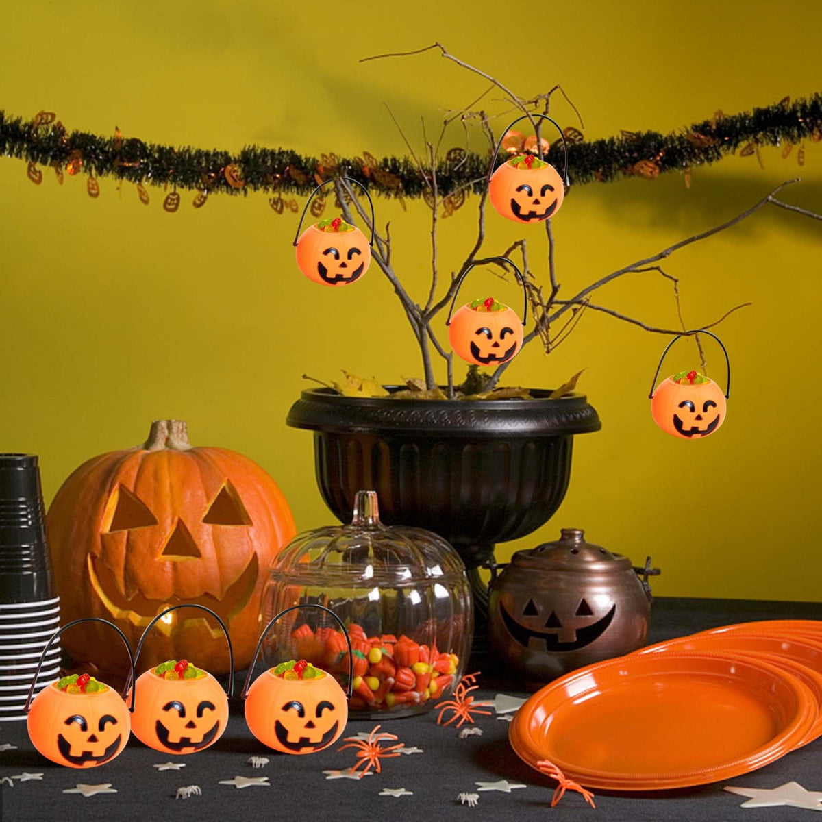 Kyusrd Trick or Treat Halloween Lantern Pumpkin Decoration Lighted Table Centerpieces Ornaments Spooky Pumpkin Prop Decor Decorative Wedding Candy Bowl Organizer Canisters