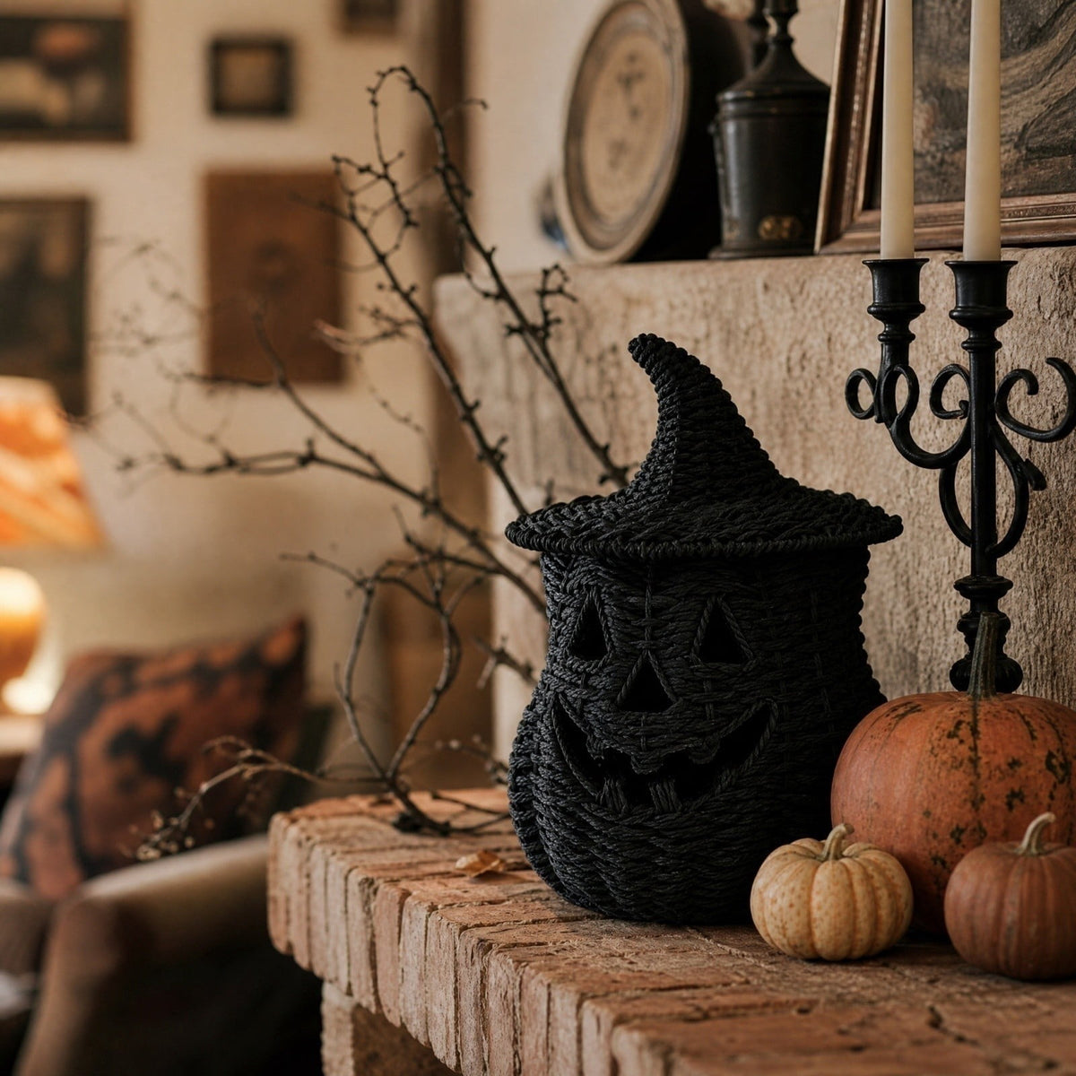Aximioll Halloween Black Woven Jack-O-Lantern Pumpkin Decor, Hand Woven Rattan Wicker Style Statue, Trick or Treat Candy Bowl Lantern for Porch Entryway Fireplace Mantel Table, Black, 11 Inches