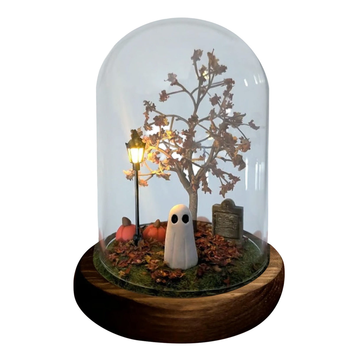 Halloween Ghost Figurine, Resin Lighted Ghost Ornament with Pumpkin Lantern & Beverage Cup, Tabletop Halloween Indoor Decor