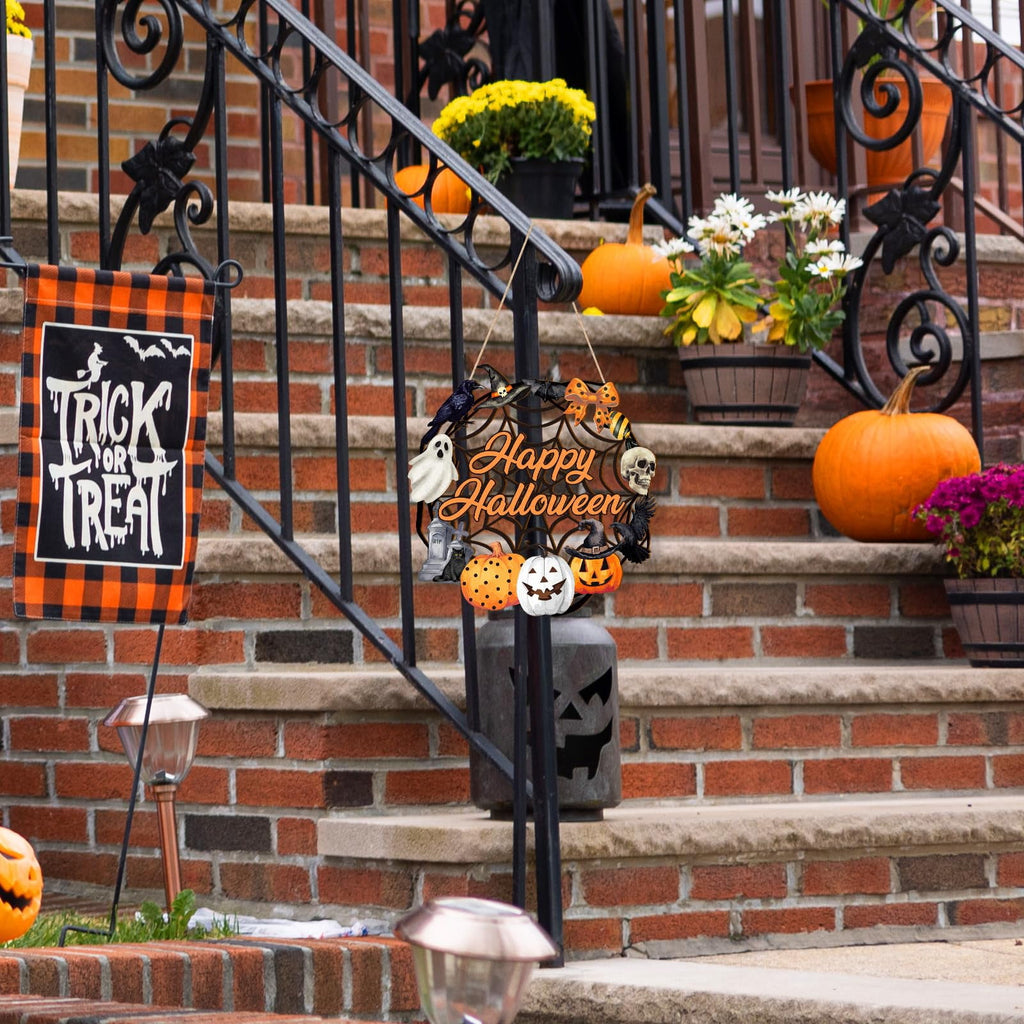 Halloween Door Wreath,Wooden Door Sign Halloween Wreath for Front Door Decoration with Ghost Black Cat Pumpkin Fall Decor